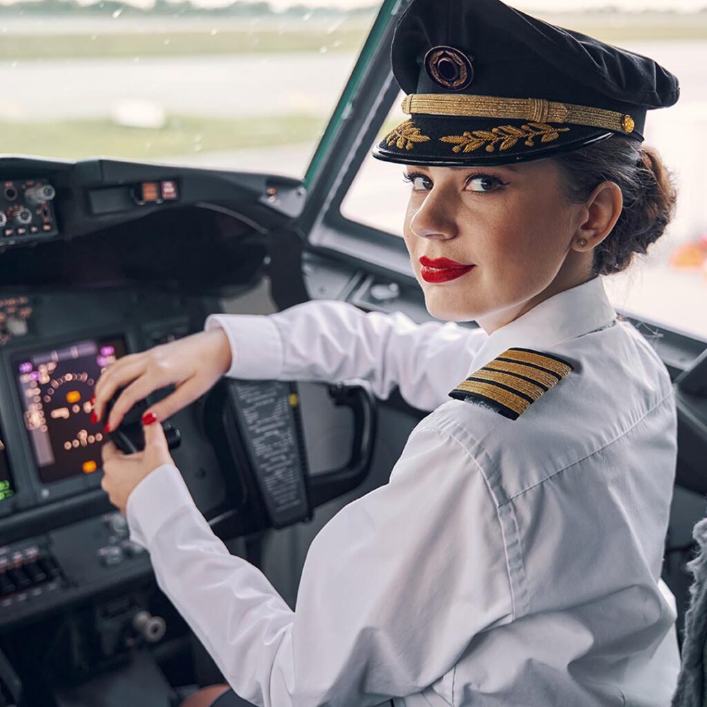 Woman pilot with captain bars sitting in the cockpit of a passenger plane looking over her shoulder at the camera.